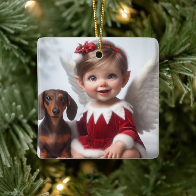 Weihnachtself und Dackel Keramikornament (Baum)