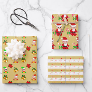 Weihnachtself und Glocken auf goldenen weißen Stre Geschenkpapier Set