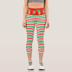 Weihnachtself und grün, rot, weiß gestreifter Capr Capri Leggings