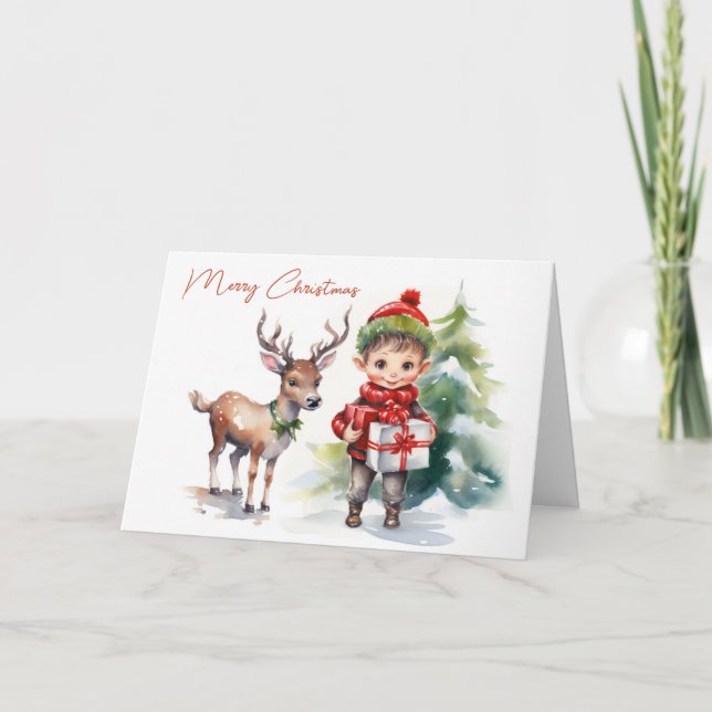 Weihnachtself und Rentier Feiertagskarte (Vorderseite)