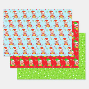 Weihnachtself, Zuckerrohr, Konfetti auf grün & rot Geschenkpapier Set