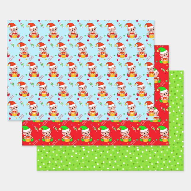 Weihnachtself, Zuckerrohr, Konfetti auf grün & rot Geschenkpapier Set (Set)