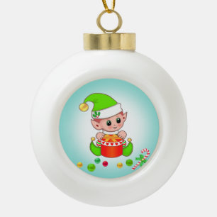 Weihnachtself, Zuckerstange & Konfetti auf Türkisb Keramik Kugel-Ornament