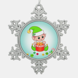 Weihnachtself, Zuckerstange & Konfetti auf Türkisb Schneeflocken Zinn-Ornament