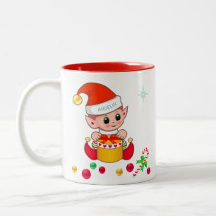 Weihnachtself, Zuckerstange und Weihnachtskugeln Zweifarbige Tasse