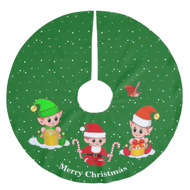 Weihnachtselfen auf Grün Polyester Weihnachtsbaumdecke (Vorderseite)