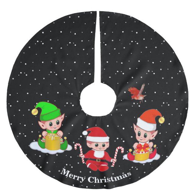 Weihnachtselfen auf Schwarz Polyester Weihnachtsbaumdecke (Vorderseite)