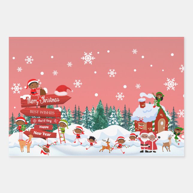 Weihnachtselfen beim Spiel am Nordpol Geschenkpapier Set (Vorderseite)