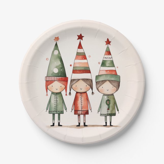 Weihnachtselfen in festlichen Hasen Pappteller (Vorderseite)