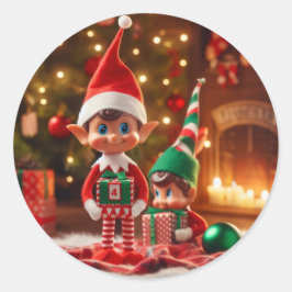 Weihnachtselfen mit Geschenken AI Image Runder Aufkleber