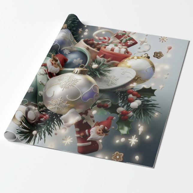 Weihnachtselfen und Ornamente Geschenkpapier (Ungerollt)