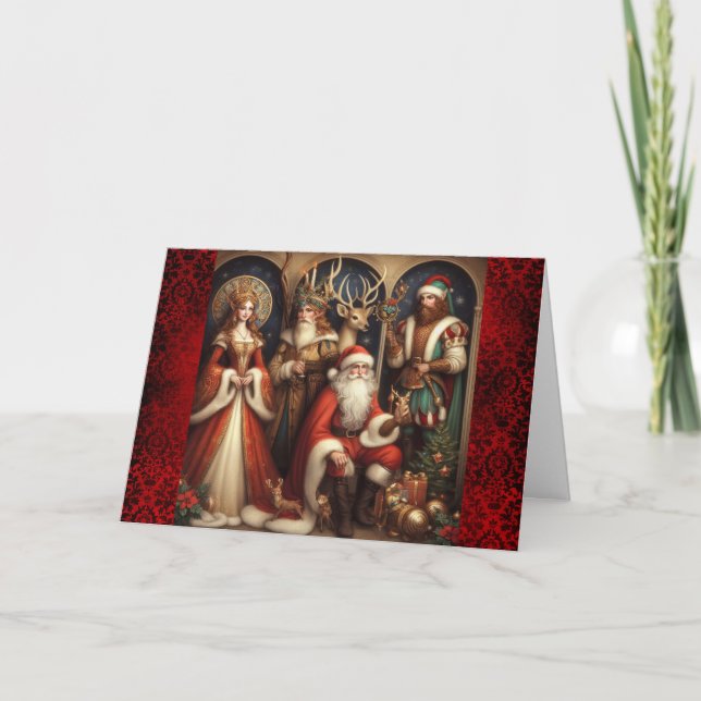 Weihnachtselfen und Weihnachtsmann Feiertagskarte (Vorderseite)