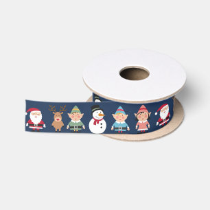 Weihnachtselfen, Weihnachtsmann und Snowmen Navy B Satinband