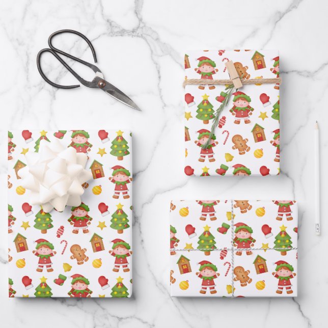 Weihnachtselfenmuster Geschenkpapier Set (Vorderseite)