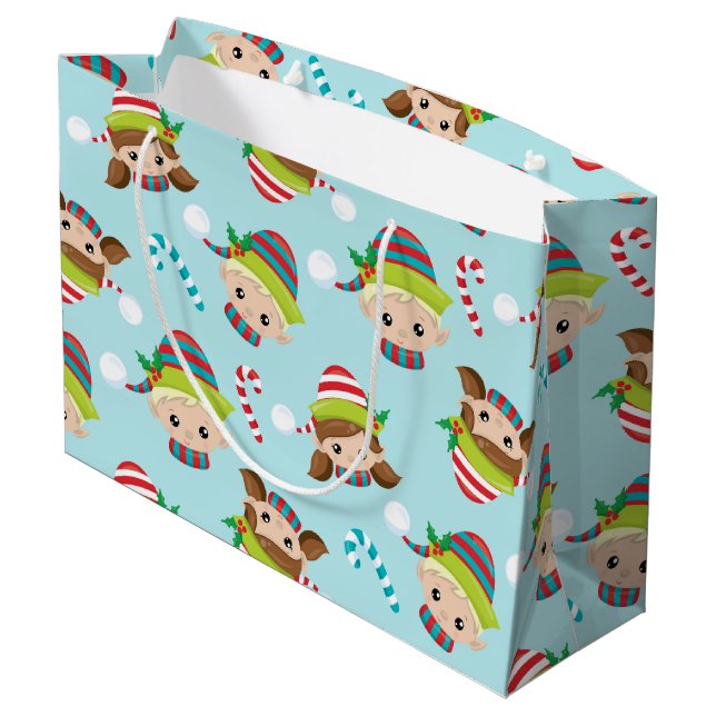 Weihnachtselfenmuster Große Geschenktüte (Rückseite Schrägansicht)