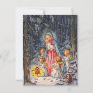Weihnachtsengel bewachen Jesuskind im Vintage Stil Feiertagskarte