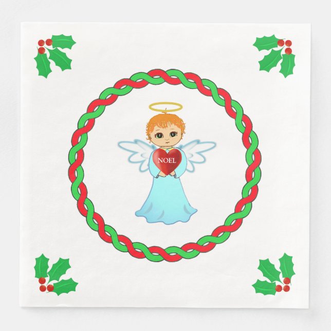 Weihnachtsengel & heilige Blätter auf Weiß Serviette (Vorderseite)