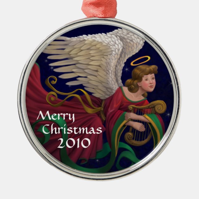 Weihnachtsengel mit Harfen-runder Verzierung Ornament Aus Metall (Vorne)