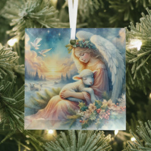 Weihnachtsengel mit Lamm in winterlicher Stille Ornament Aus Glas