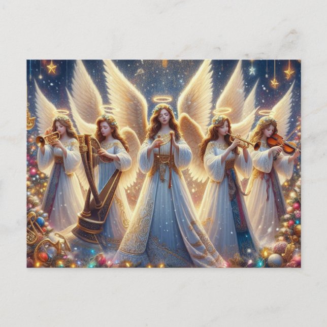 Weihnachtsengel mit Musikinstrumenten Feiertagspostkarte (Vorderseite)