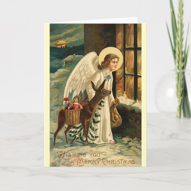Weihnachtsengel-Rentiere Feiertagskarte (Vorderseite)