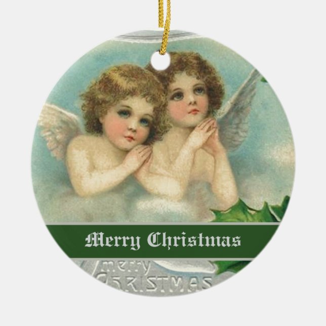 Weihnachtsengel und Heilige Beerenschmuck Keramik Ornament (Vorne)