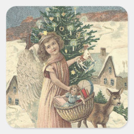 Weihnachtsengel und Rentierschnee Quadratischer Aufkleber
