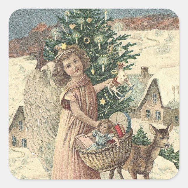 Weihnachtsengel und Rentierschnee Quadratischer Aufkleber (Vorderseite)