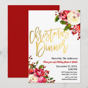 WEIHNACHTSESSEN Gold Moderne Schrift Florale Beere Einladung