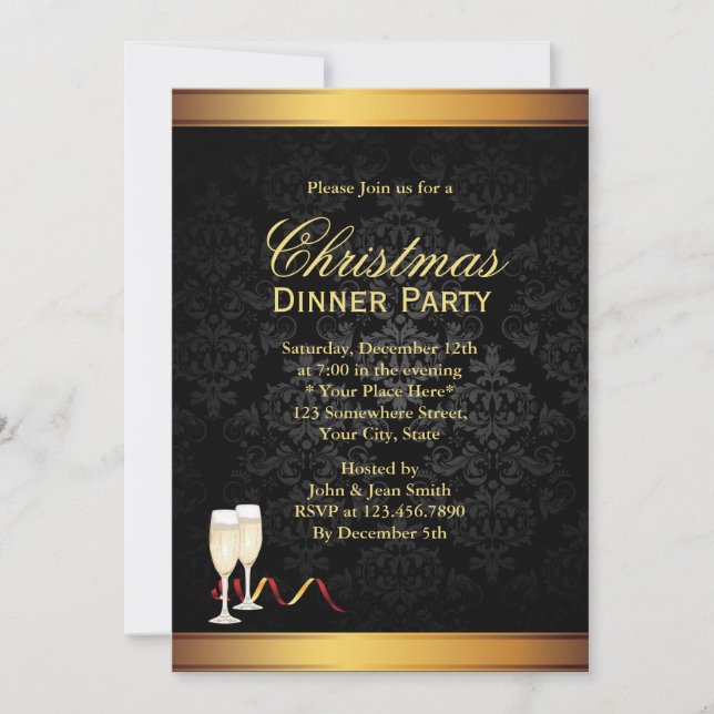 Weihnachtsessen in Gold und Schwarz - Party Einlad Einladung (Vorderseite)