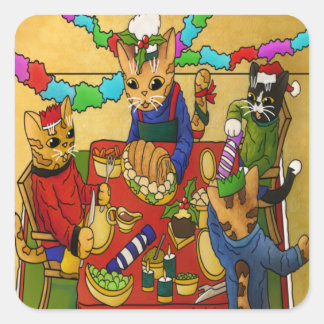 Weihnachtsessen Katzen Quadratischer Aufkleber