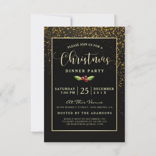 Weihnachtsessen Party | Duschen von Gold Confetti Einladung (Vorderseite)