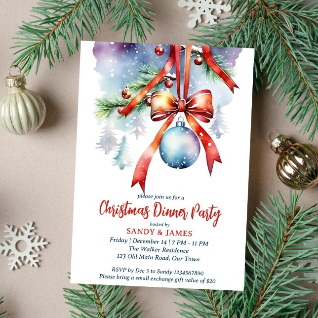 Weihnachtsessen Party Einladung (Christmas dinner party template invitation instant download traditional watercolor pines red baubles)