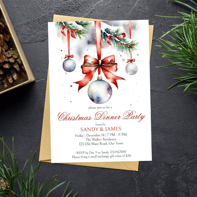 Weihnachtsessen Party Einladung (Christmas dinner party template invitation instant download traditional red ribbon snowy pines)