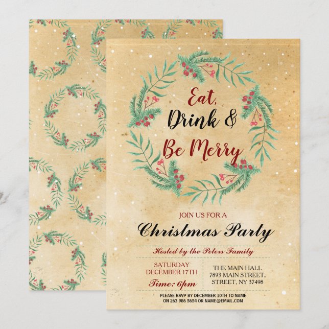 Weihnachtsessen Party Feiertage Vintagen Weihnacht Einladung (Vorne/Hinten)