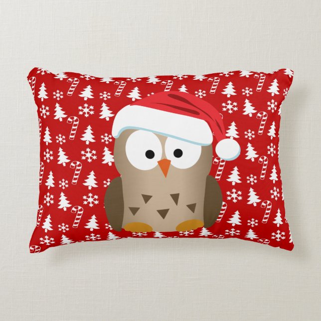 Weihnachtseule mit Weihnachtsmannmütze Dekokissen (Vorderseite)