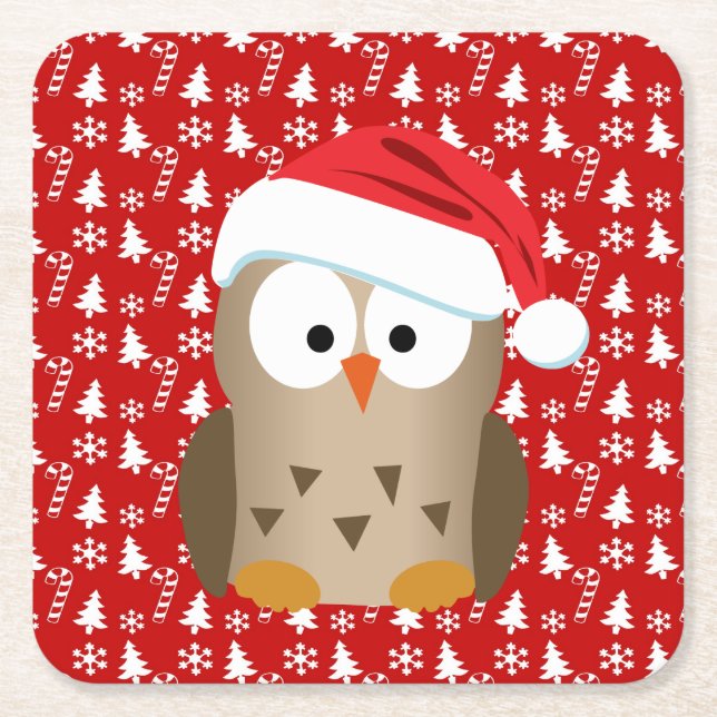 Weihnachtseule mit Weihnachtsmannmütze Rechteckiger Pappuntersetzer (Vorderseite)