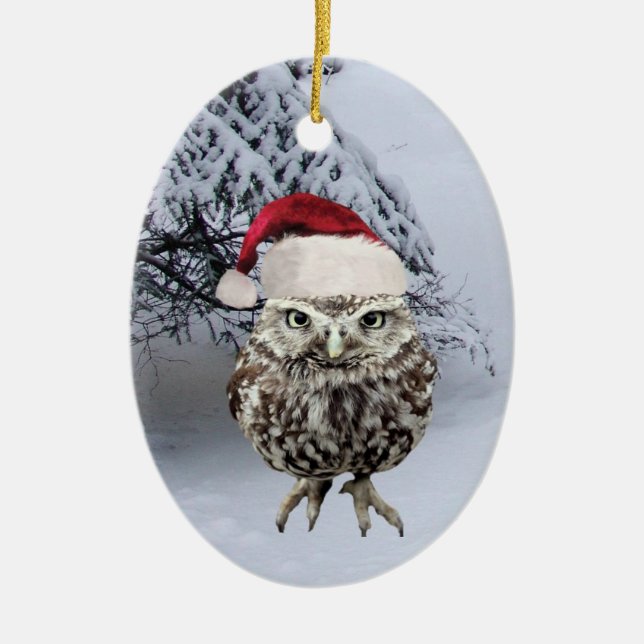 Weihnachtseule mit Weihnachtsmannmützeverzierung Keramikornament (Vorne)