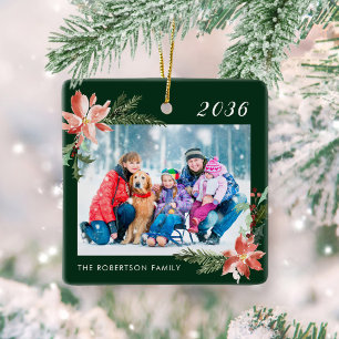 Weihnachtsfamilie Foto Green Poinsettia Keramikornament