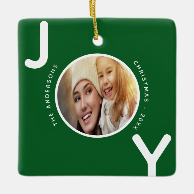 Weihnachtsfamilie Foto grün Freude modern Keramikornament (Vorderseite)