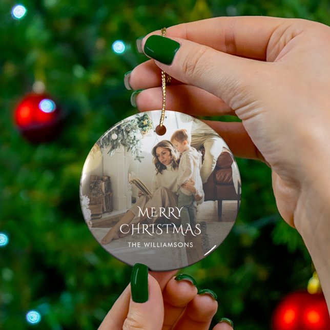 Weihnachtsfamilie Foto Rustikal Keramik Ornament (Christmas Family Photo Typography Holiday Ceramic Ornament)