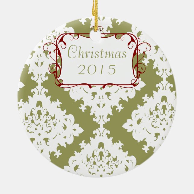 Weihnachtsfamilie Foto Sage Green Damask Keramik Ornament (Hinten)