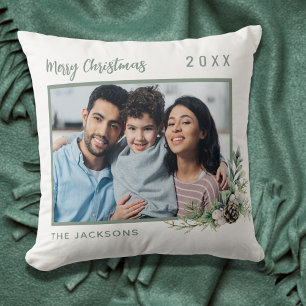 Weihnachtsfamilie Foto, weißer grüner Kegel-Namen Kissen