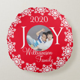 Weihnachtsfamilie "JOY" Rot mit Weißer Schneeflock Rundes Kissen