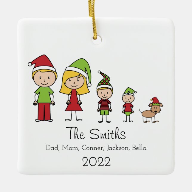 Weihnachtsfamilie Niedlich mit Hund Keramikornament (Vorderseite)