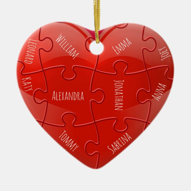 Weihnachtsfamilie Puzzle Herz mit Namen Keramik Ornament (Vorne)