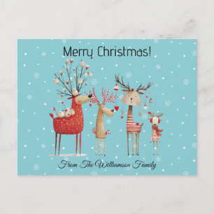 Weihnachtsfamilie Rentier Frohe Weihnachten Schnee Postkarte