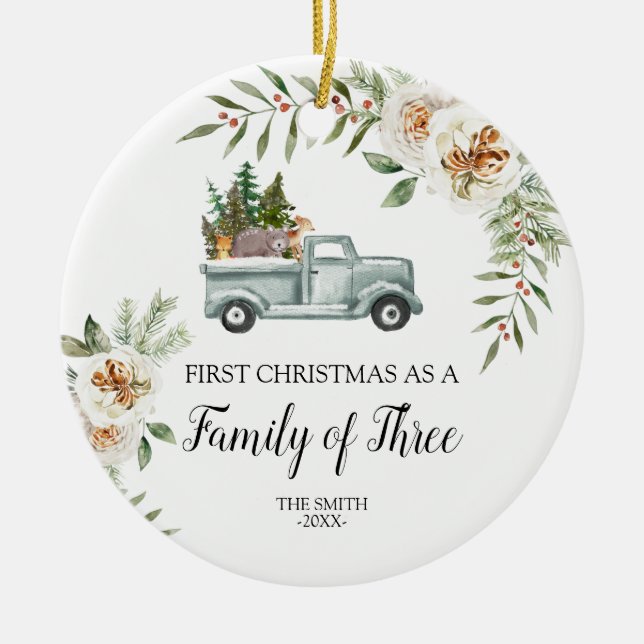 Weihnachtsfamilie von Woodland Truck Keramik Ornament (Vorne)