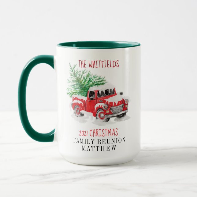Weihnachtsfamilie Wiedersehen Red Truck Personalis Tasse (Links)