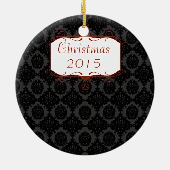 Weihnachtsfamilien Foto Black & Gray Damask Keramikornament (Hinten)